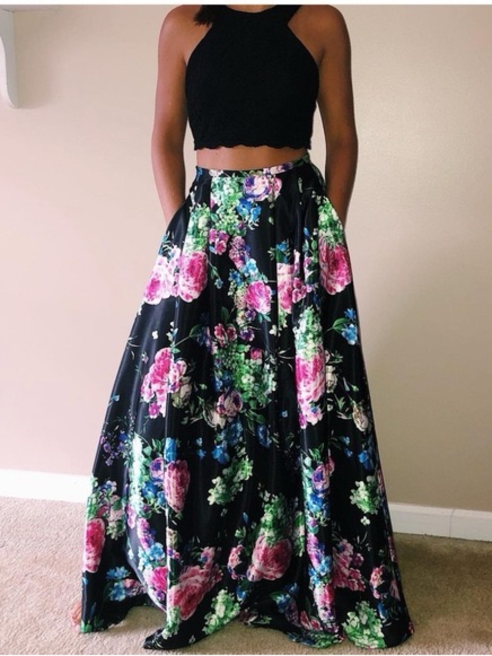 Black Floral Maxi Skirt with Pink & Green Blooms